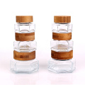 1oz Hexagonal clear glass cream jar face cream container with bamboo lid closure